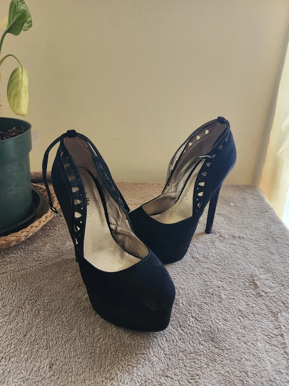 Black Platform High Heels with Cutout Detail - Women's Shoes